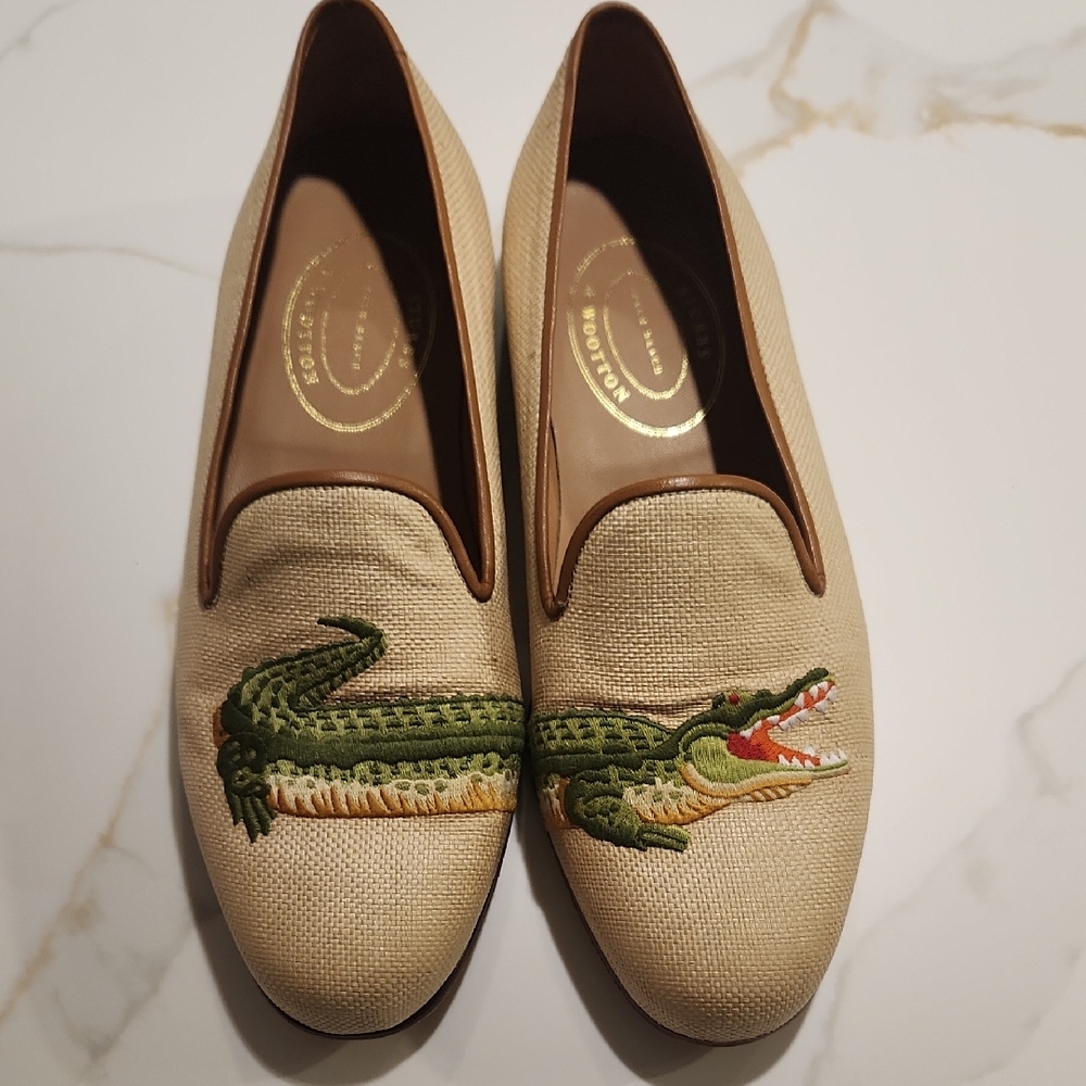 Stubbs & Wootton Beige Loafers with Crocodile Embroidery